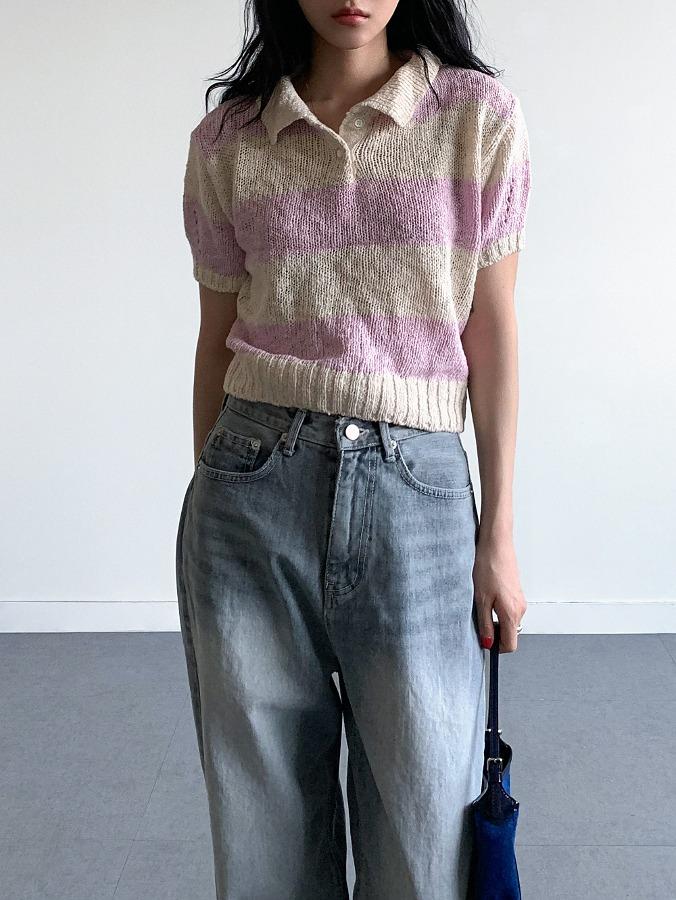 올더 캔디 세미크롭 썸머 카라 반팔 니트