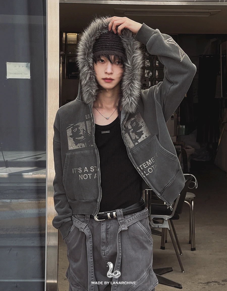 [LANARCH] Fox Fur Star Print Hoodie Zip-up