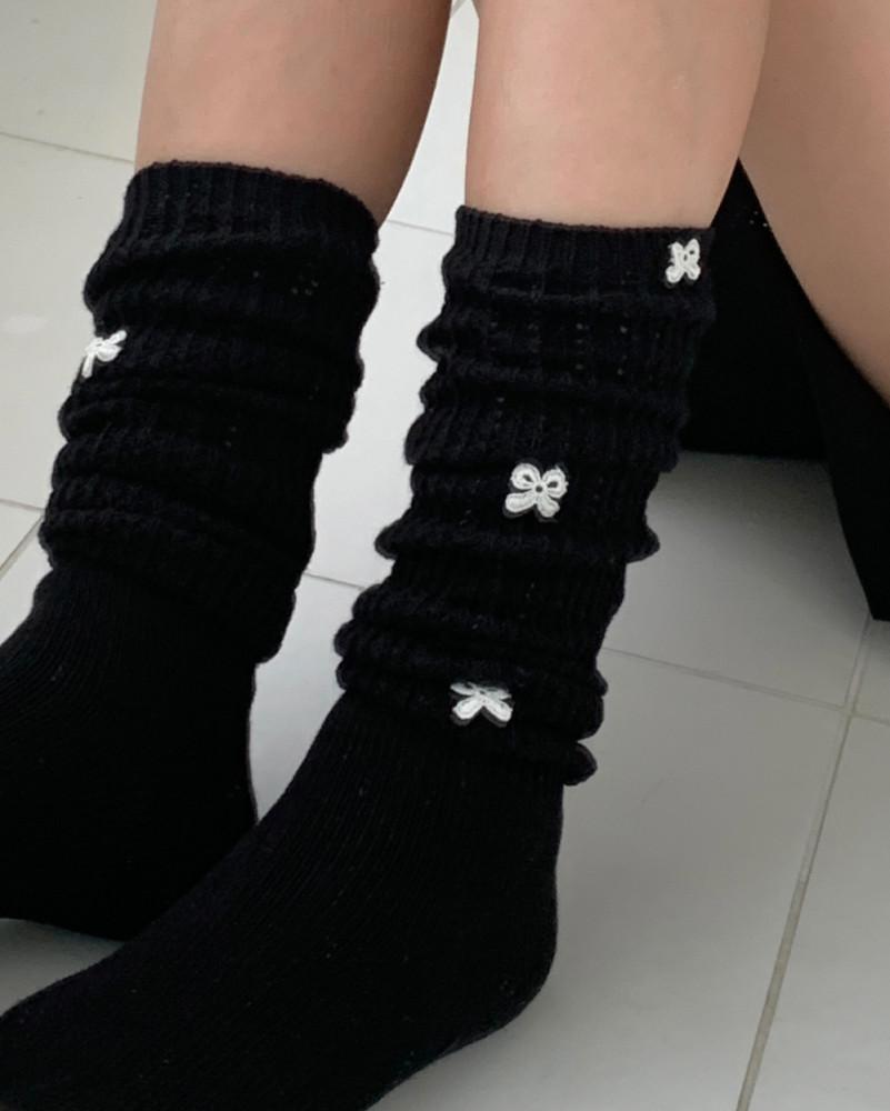 자수 리본 니트 롱삭스