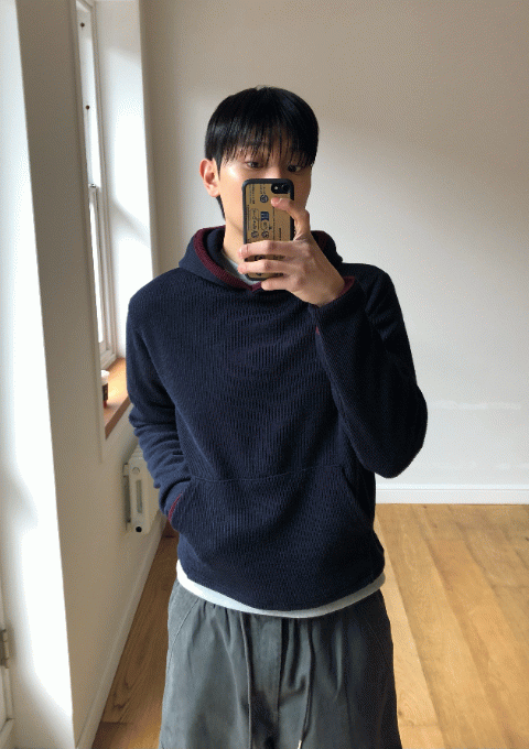 배색 레이어드 워머 니트 후드