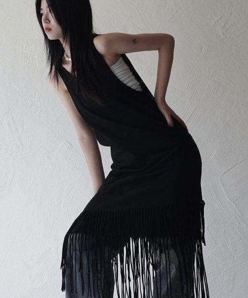 레이어드 프린지 져지 원피스_블랙