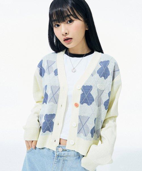 AQO x ODSD 크롭 니트 아가일 가디건 - IVORY