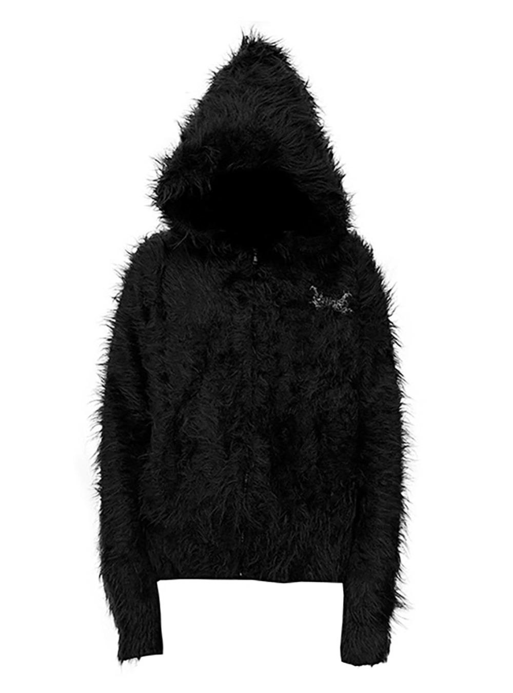 Mohair Embroidered Slogan Hood Jacket