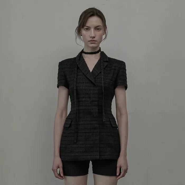 Emma String Half Sleeve Jacket-Tweed Black