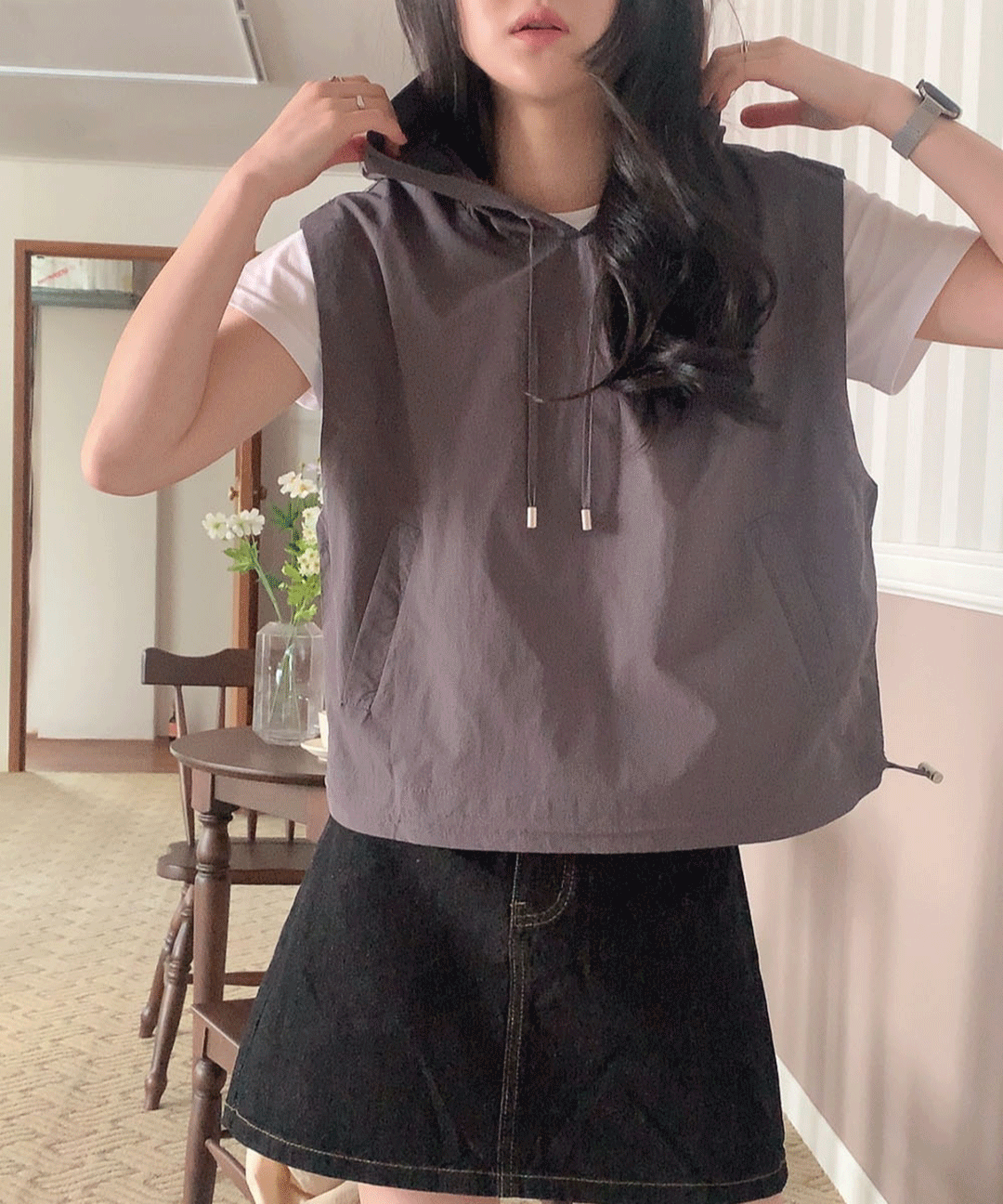 후드 스트링 나일론 바스락 여름 민소매 베스트 조끼 2col