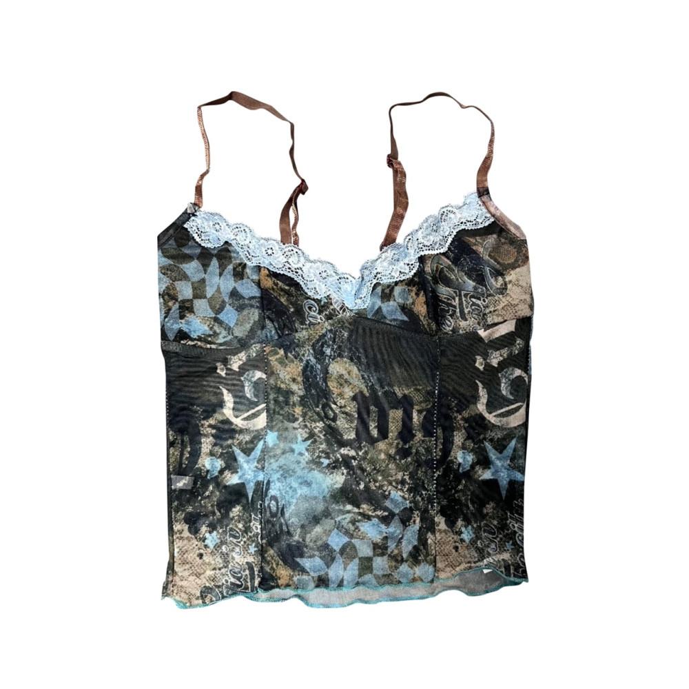 Graphic mix see through lace crop sleeveless top (1color)
