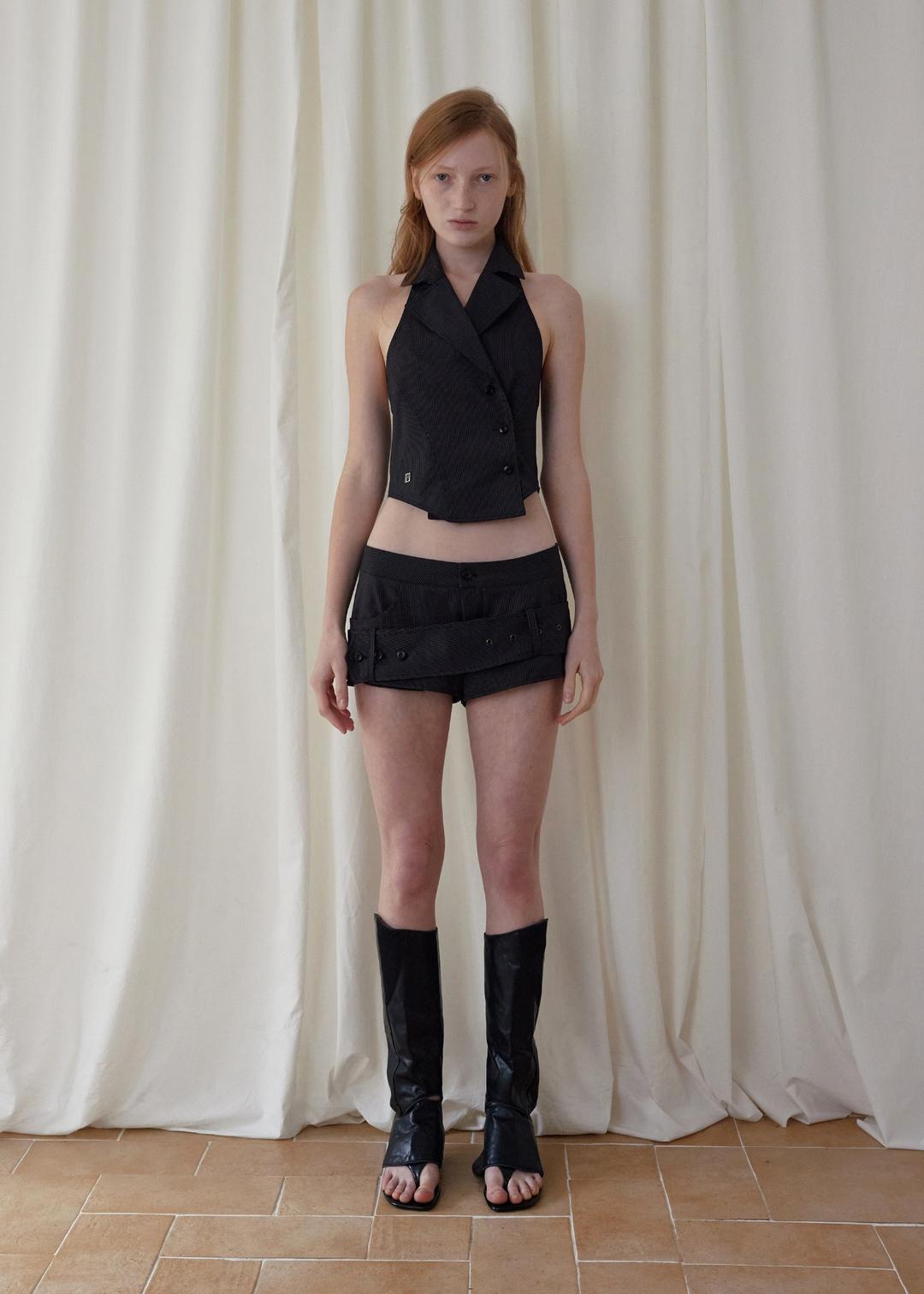 HALTER BUTTON VEST, STRIPE BLACK