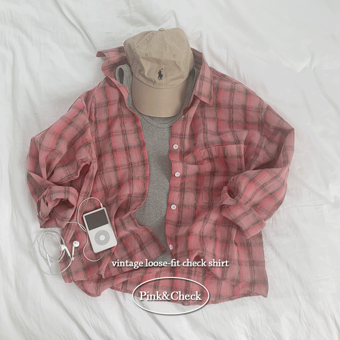 [빈티지체크/러블리💗] *여름셔츠* 파본 박시핏 루즈핏 핑크 체크 셔츠 긴팔남방 #너드룩 #긱시크 - 1color