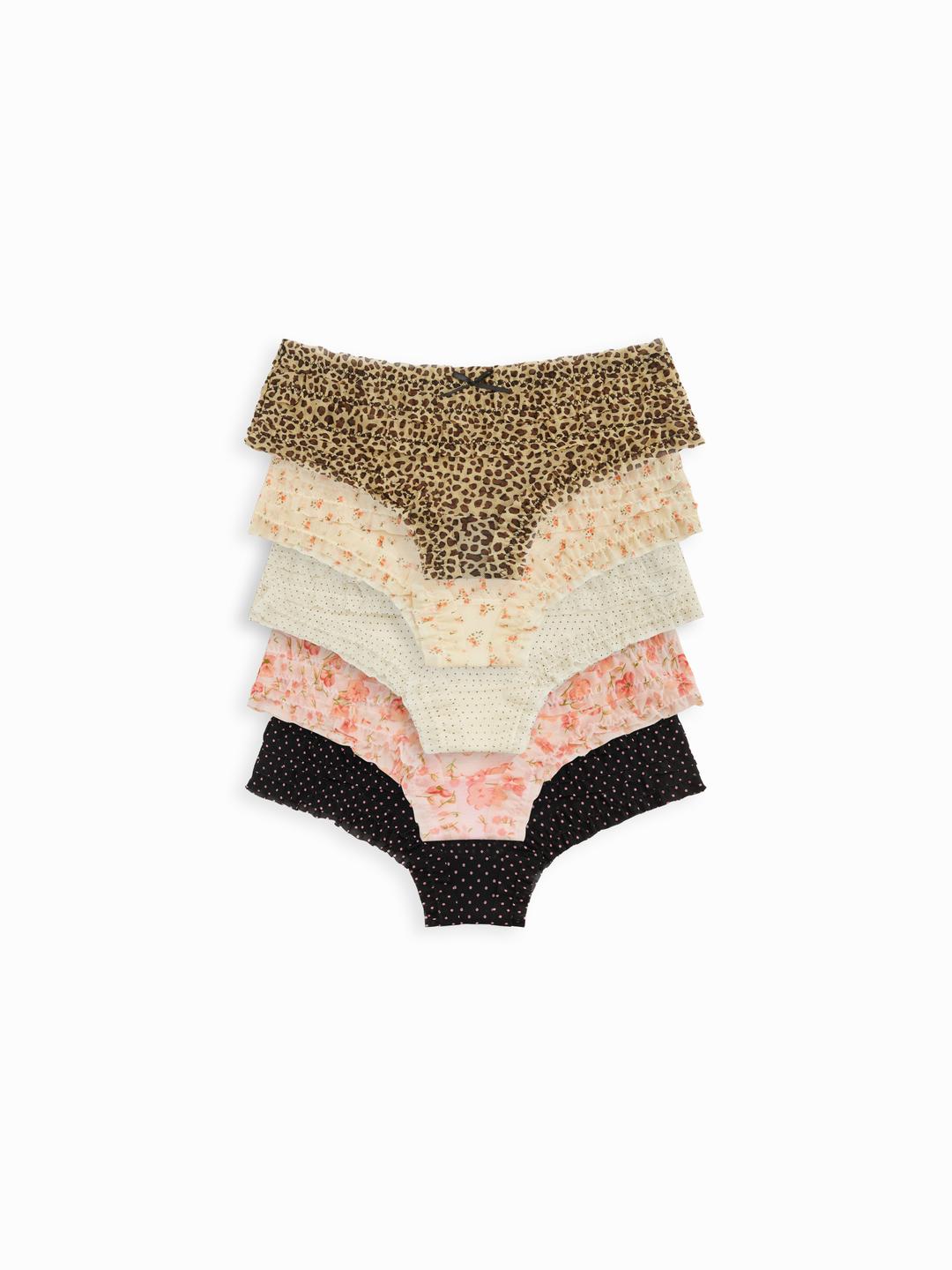 5 PCS Lace Mid Rise Lettuce Trim Bowknot Brief