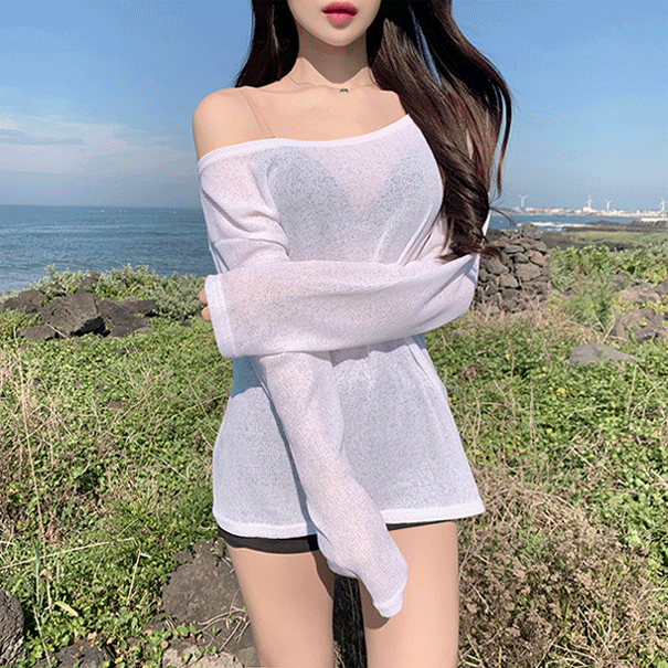 (당일출고!!, 수영복커버업) 루즈핏 보트넥 오프숄더 시스루니트티