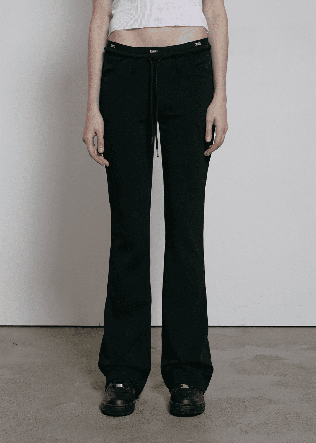 LOGO BAND JERSEY BOOTCUT PANTS, BLACK