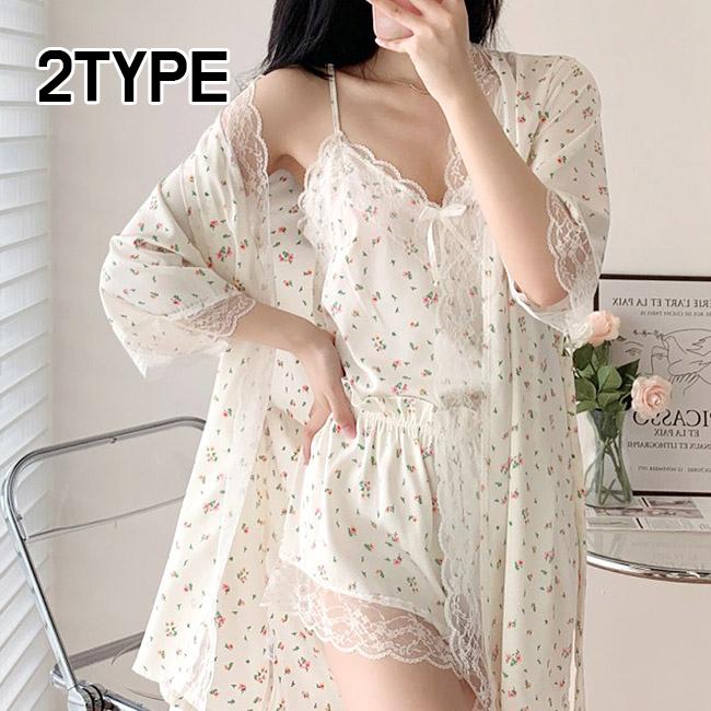 [3종세트] 슬립재질 나시파자마 반바지+가운세트 - 실크잠옷 봄여름 간절기 여리여리 귀염섹시