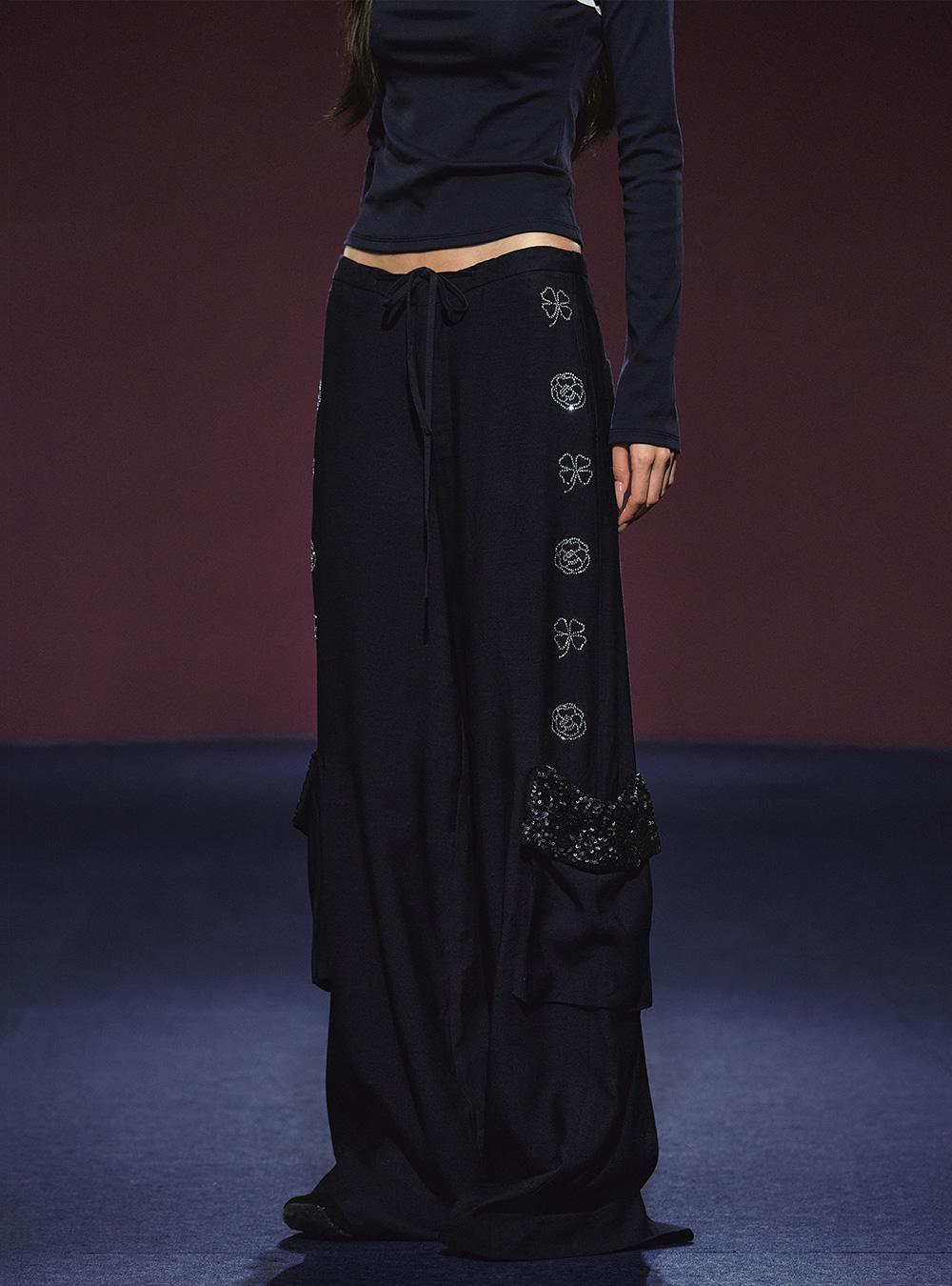 Large Pocket Linen Drawstring Wide Pants