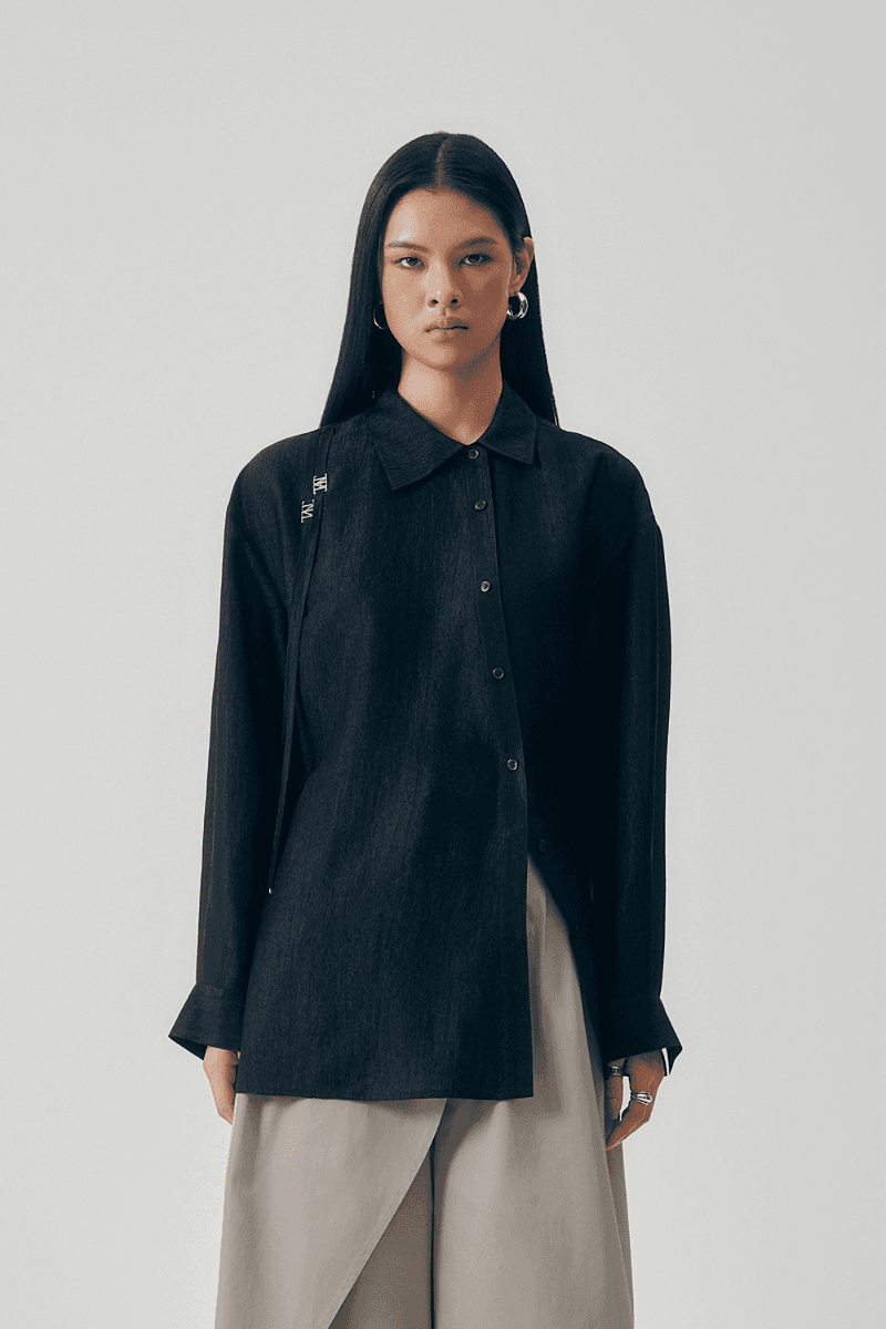 Asymmetry Neckline Shirt [ Black ]