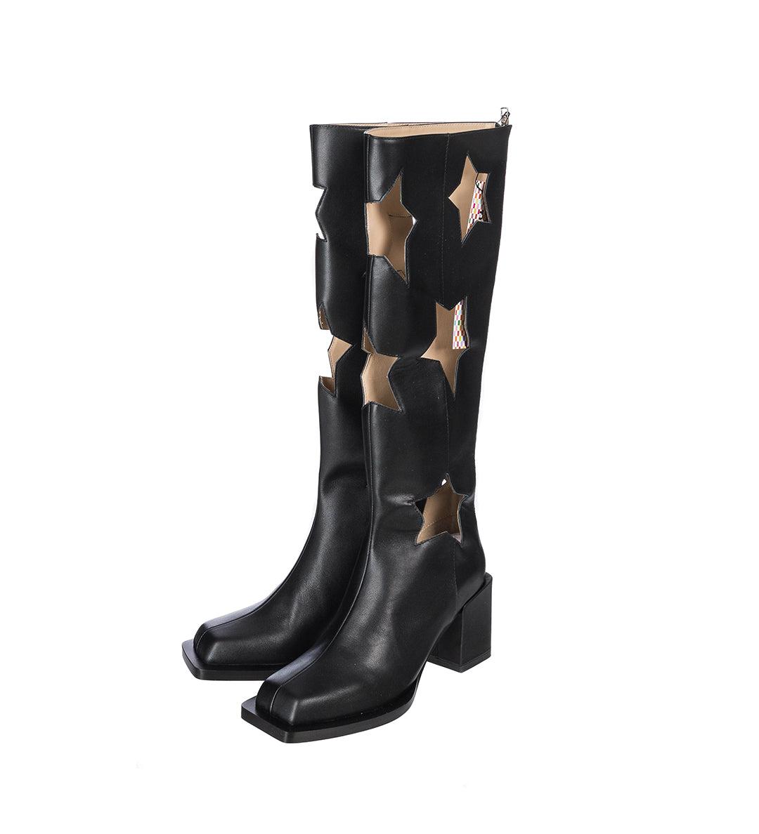STAR CUT LEATHER BOOTS HEEL VERSION BLACK - 38