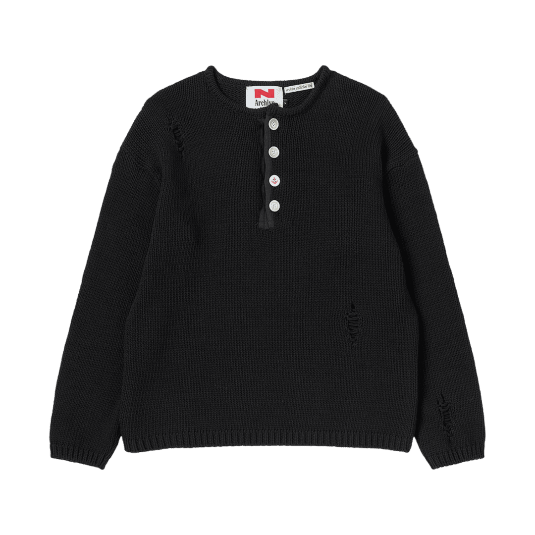 엔 아카이브 아카이브 헤비 웨이트 코튼 데미지 디테일 헨리넥 니트 블랙