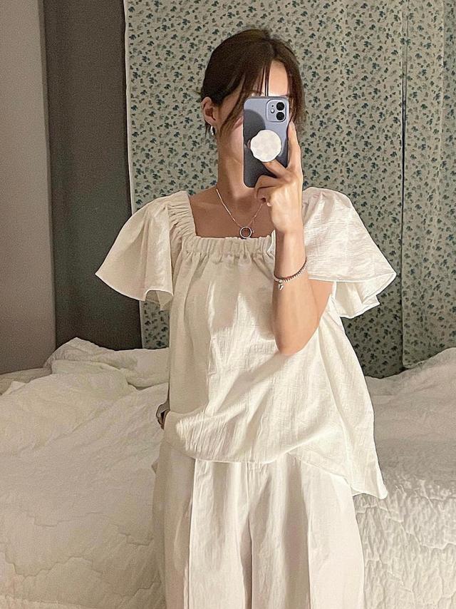 리아 여성 여름 썸머 린넨 퍼프 셔링 스퀘어넥 루즈핏 A라인 오프숄더 흰 블랙 블라우스