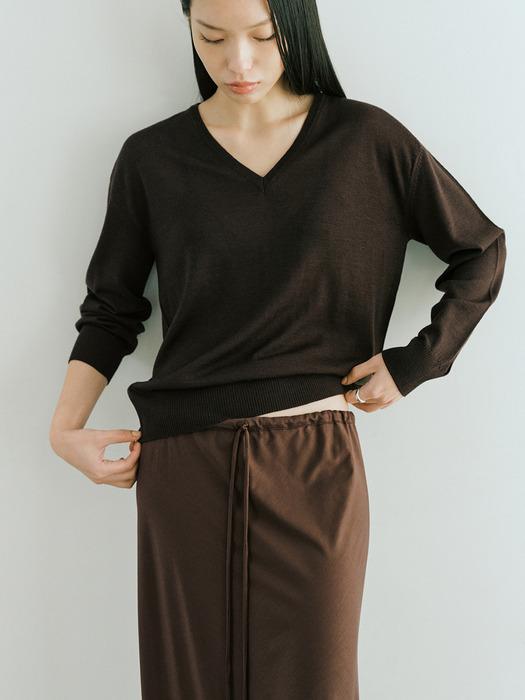 Silky wool v-neck pullover / Brown