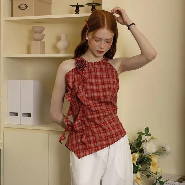 DD_Rose check irregular hem top_RED