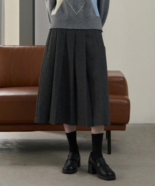 [W]플리츠 벨티드 헤링본 울 스커트