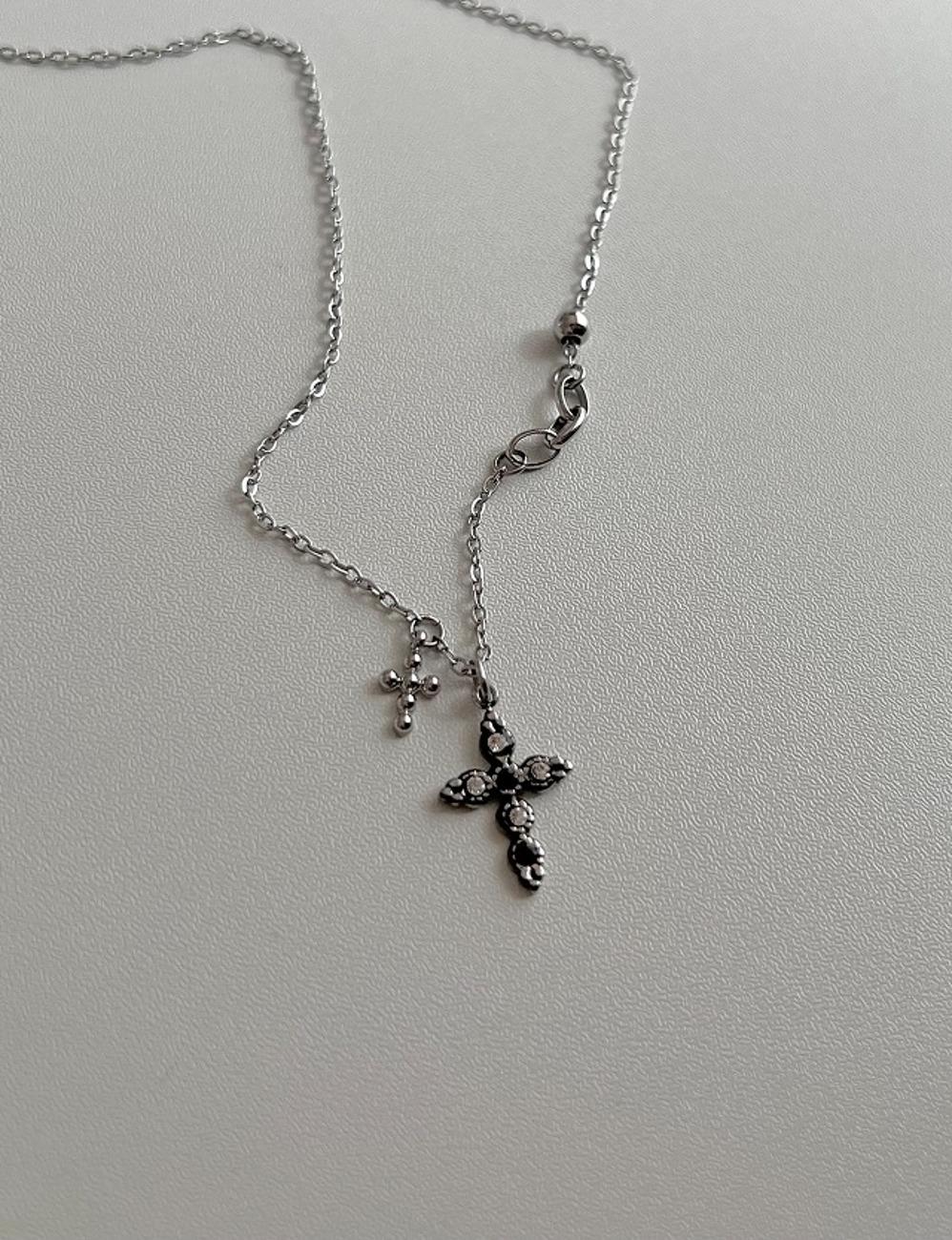 biif 블랙 트윈 십자가 터키석 써지컬 더블 볼 숏 롱 레이어드 원석 목걸이