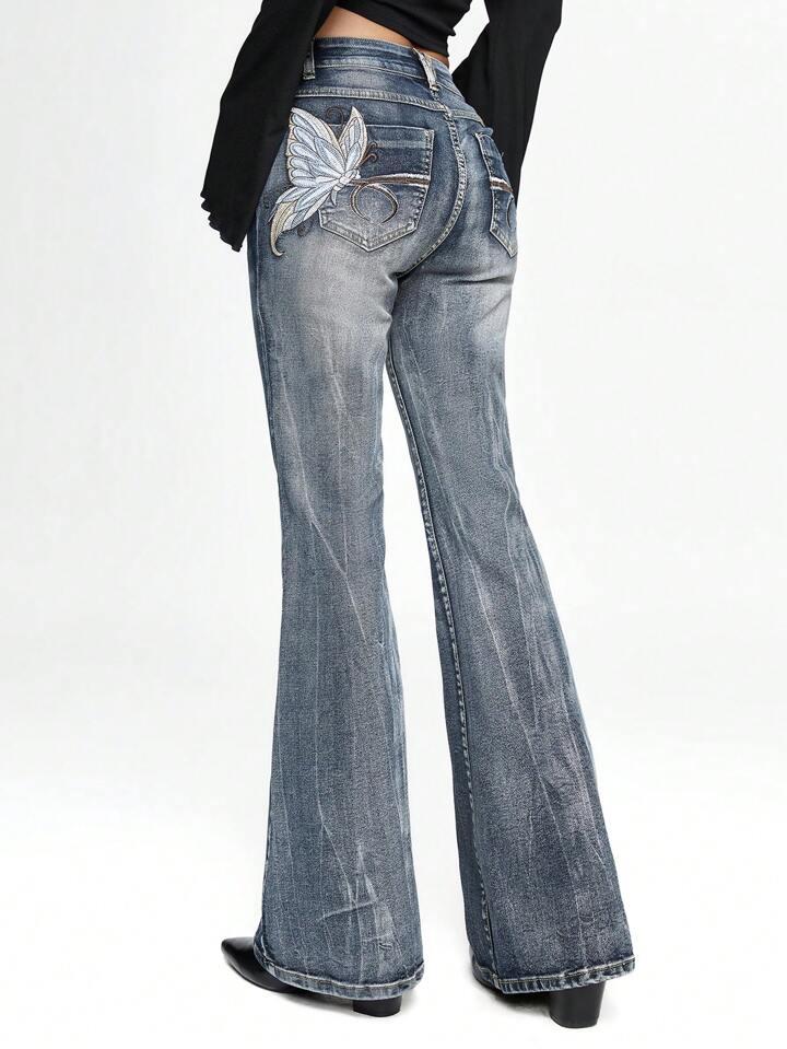 Fairycore Y2K Style Skinny Fit Butterfly Embroidery Sexy Distressed Flared Hem Women Jeans