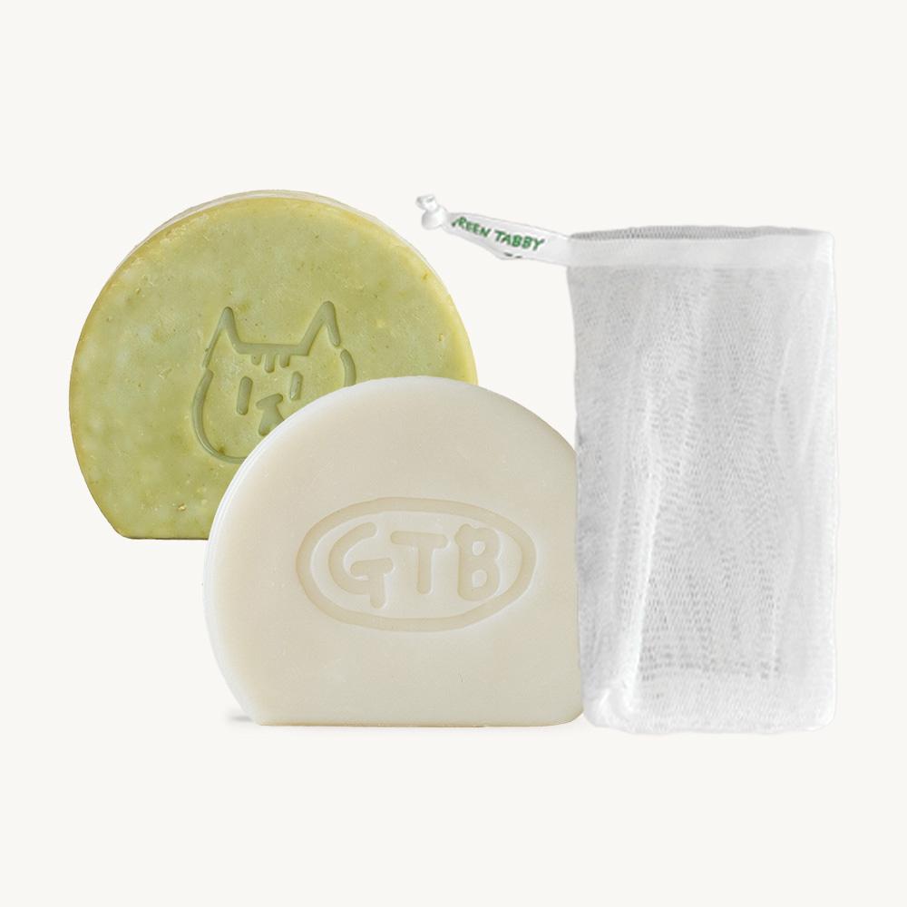 (냥냥이네 세트) 고양이 비누 1개 +시금치 설거지바 1개 + 비누망 1개
