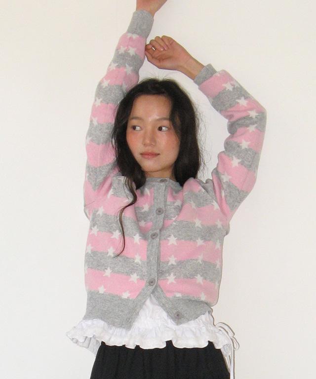 STRIPE STAR PATTERN KNIT CARDIGAN PINK GREY