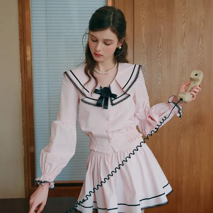 Cest_Pink sailor collar puff sleeve blouse