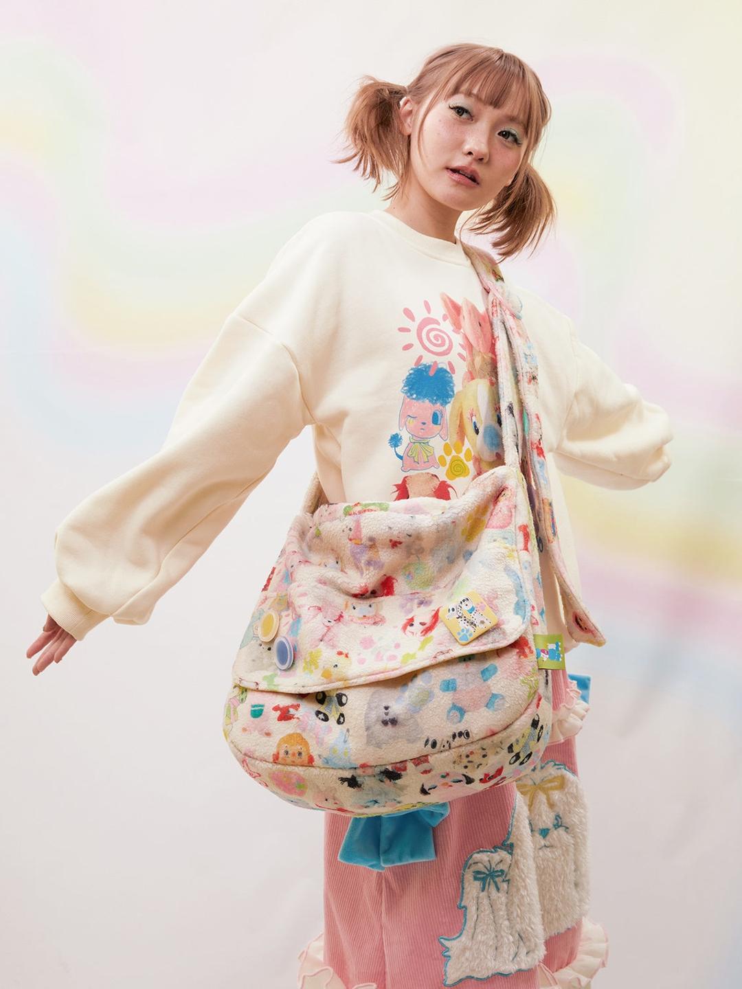 양고기 벨벳 장난감 프린트 큰 메신저 백