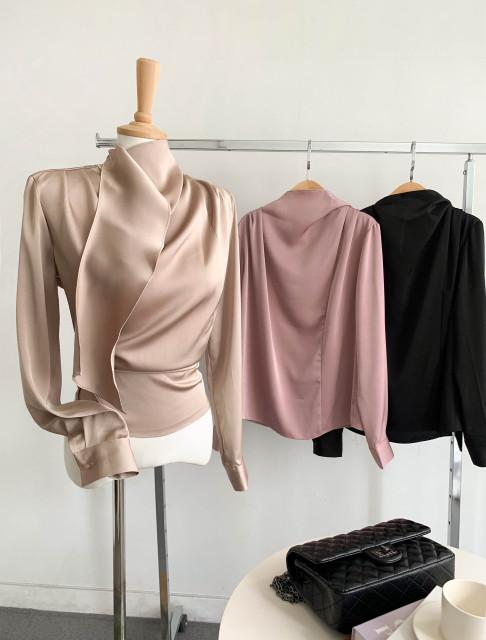 [자체제작무배] 글램 스카프 새틴 블라우스(3col)