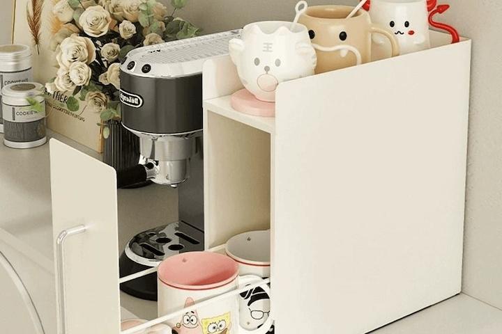 [5%쿠폰]철제 슬림 슬라이딩수납함 주방 컵정리대 선반 양념통정리대 화이트