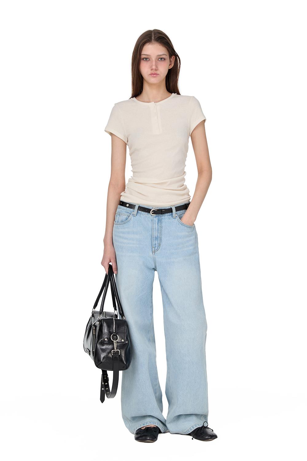 Henley Neck Shirring T-shirt, IVORY