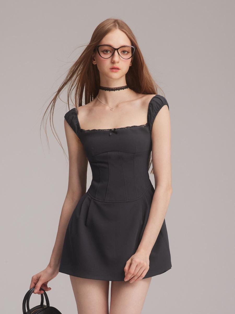 [MESS STUDIO] Lace Ribbon Dark Mini Dress