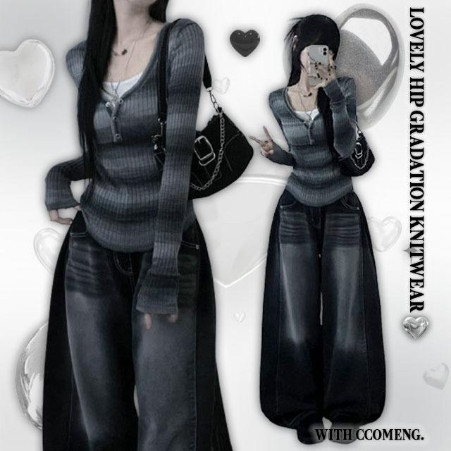 꼬맹 [일체형/슬림핏!]레인믹스패턴골지버튼브이넥나시레이어드니트긴팔티(5color)