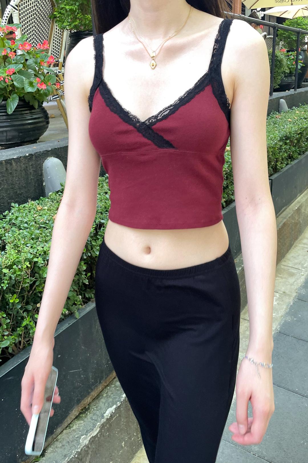 Serena Tank - Red with Black Lace / S