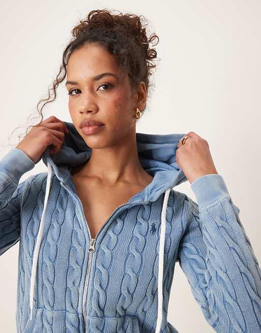 Polo Ralph Lauren zip through cable knit hooded cadrigan in blue