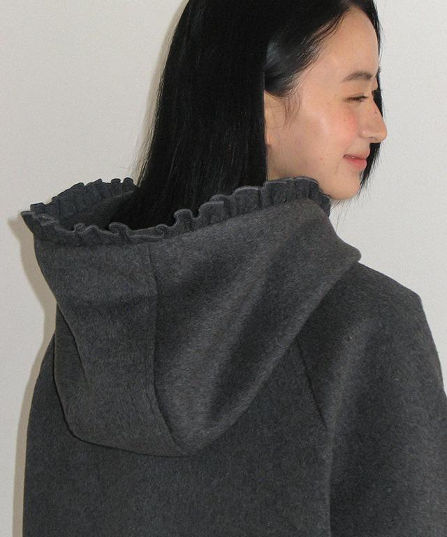 FRILL HOODED LONG COAT CHARCOAL