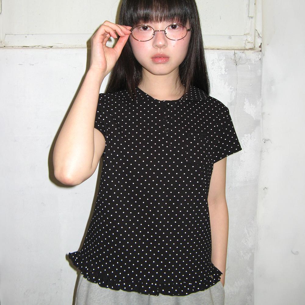 RUFFLE ROUND COLLAR PK T SHIRT DOT BLACK