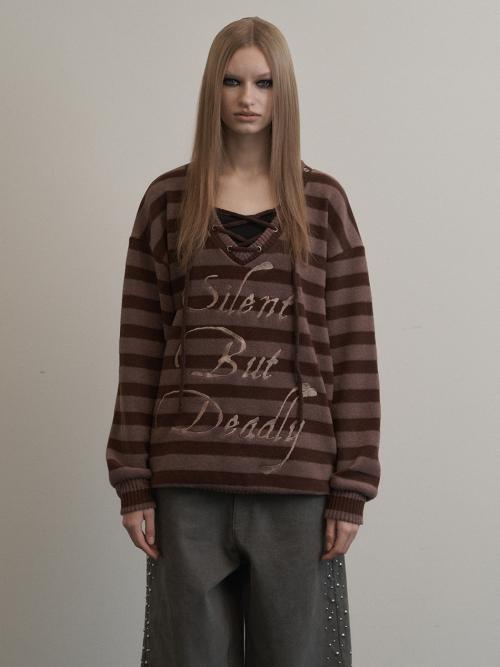 STRIPE V-NECK MTM / BROWN