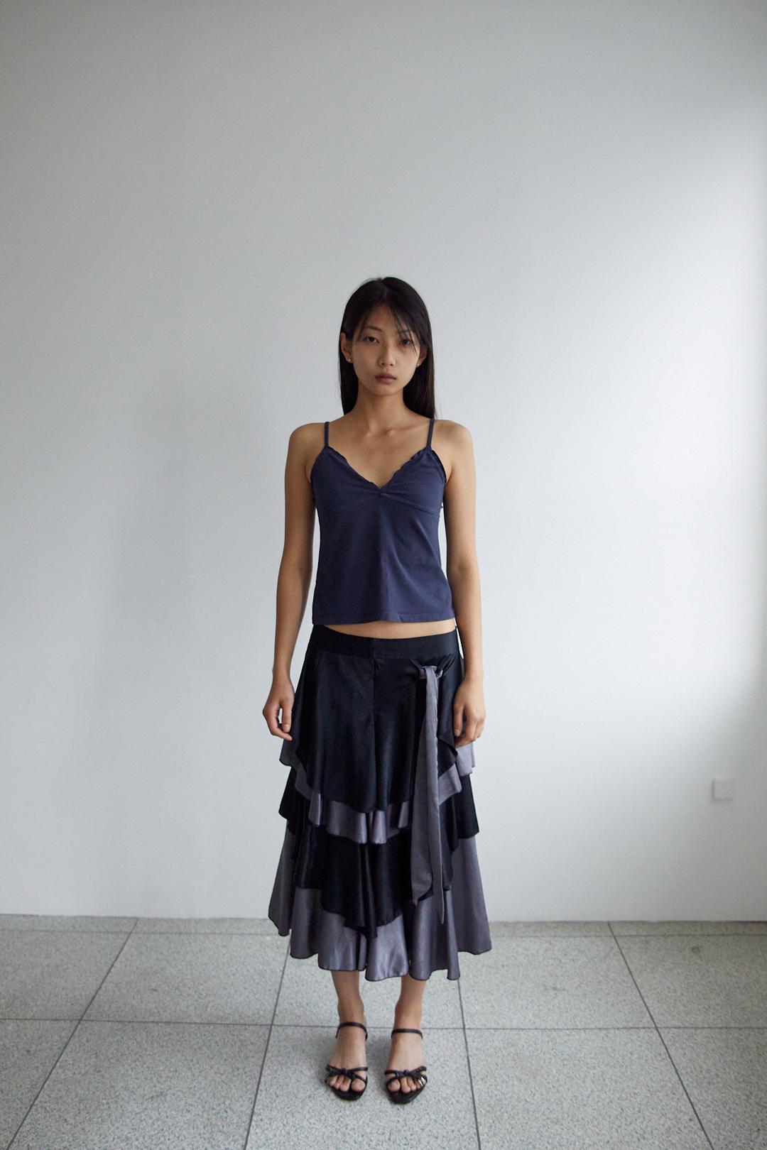 Layered Ruffle Satin Skirt