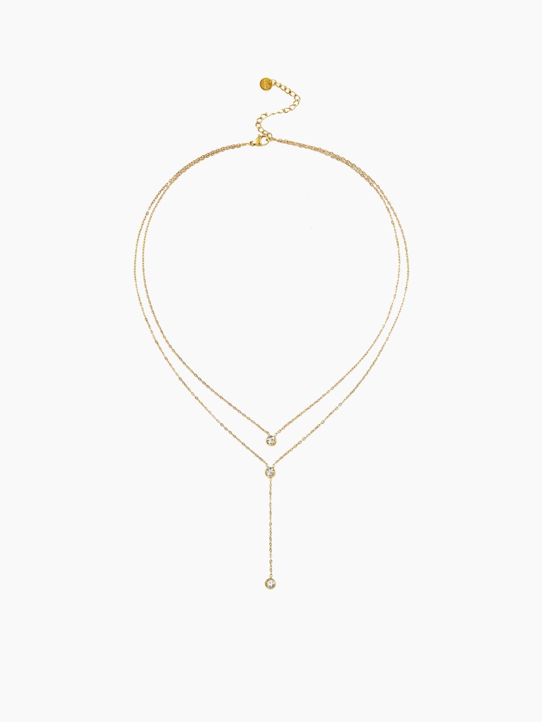 18K GOLD PLATED STAINLESS STEEL RHINESTONE DOUBLE LAYERED PENDANT NECKLACE
