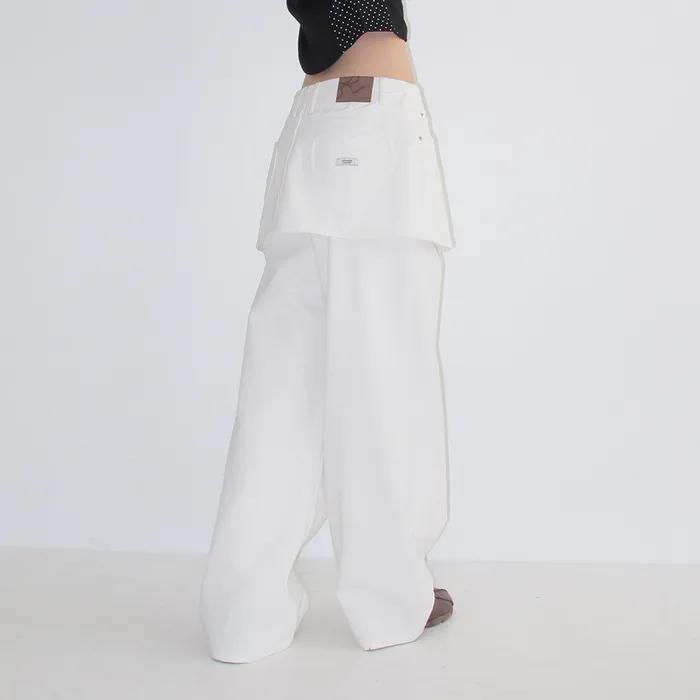 HEART POCKET DENIM SKIRT LAYERED PANTS WHITE