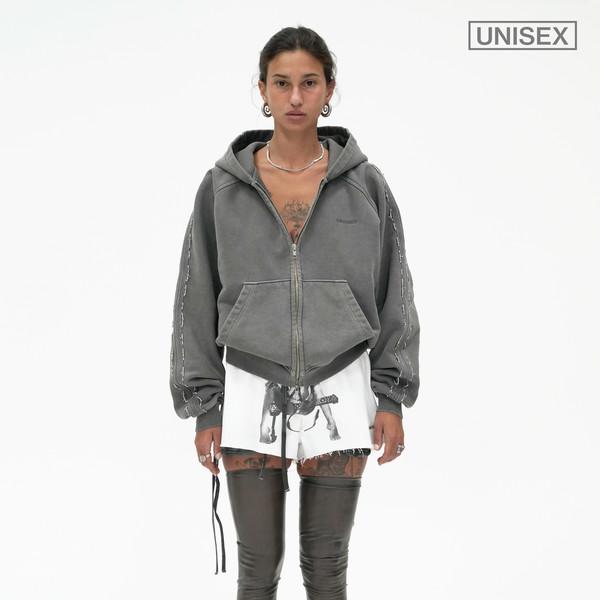 BEADED TRACK HOODIE IN PIGMENT WASHED GREY