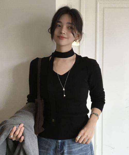 [머플러 SET] 브이넥 슬림 골지 니트 탑 MDKT122_6 Colors