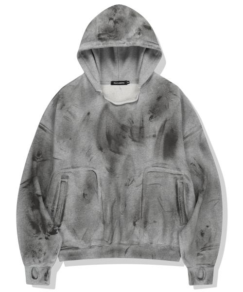 Damage Washed Patch Pullover Hood - Grey