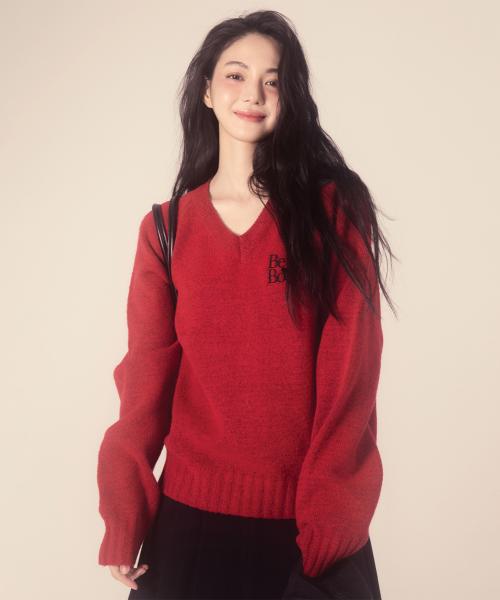 베티붑 오버핏 브이넥 니트_레드