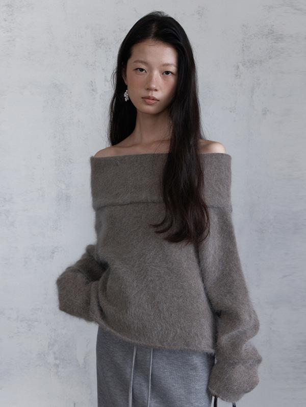 FLEECY ANGORA OFF SHOULDER KNIT (TAUPE BEIGE)