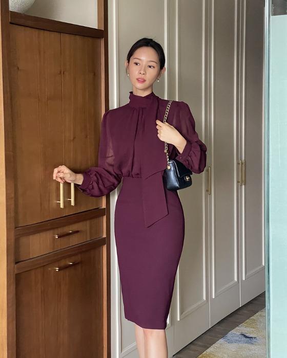 샤르베 시스루 셔링 타이 원피스