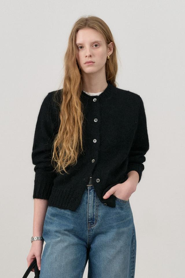 UNISEX KID-MOHAIR CREWNECK KNIT CARDIGAN BLACK